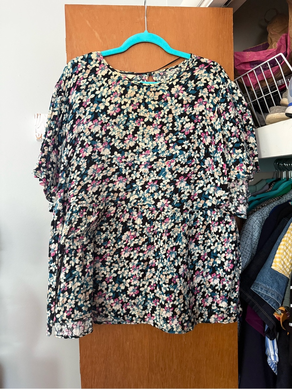 Terra & Sky Black Floral Peplum Tunic with Pink & Cream Accents